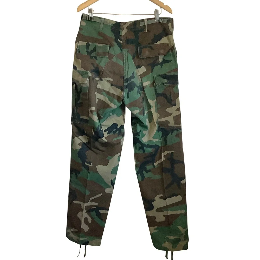 Military Woodland Camo Cargo Pants Mens Medium Long Ripstop Button Fly BDU